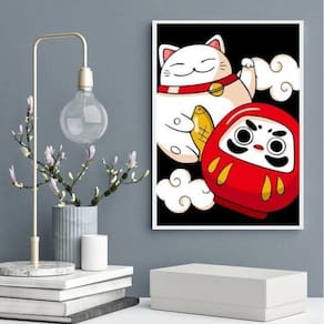 Quadro Decorativo Maneki Neko E Daruma 45X34Cm