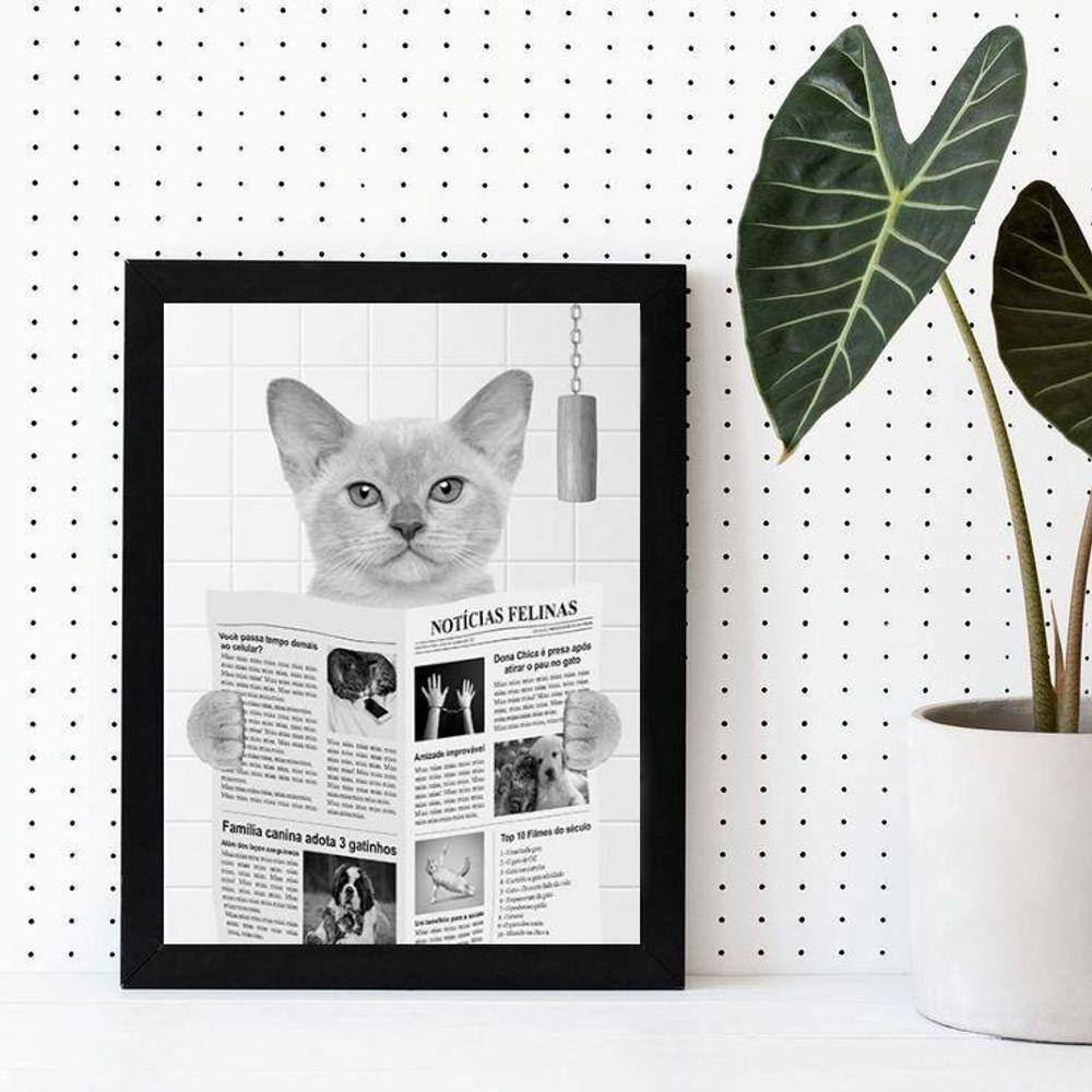 Quadro Decorativo Gato Lendo Jornal No Banheiro 24X18Cm