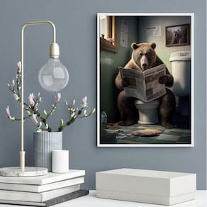 Quadro Urso No Banheiro Lendo Jornal 24X18Cm