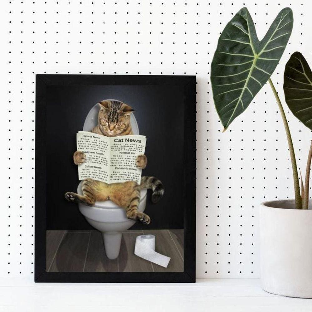 Quadro Gato No Banheiro Lendo Jornal 24X18Cm