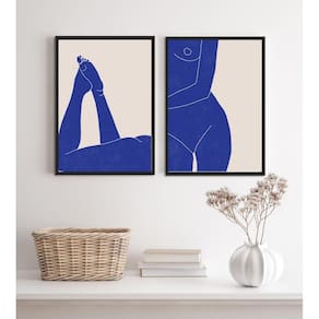 Kit 2 Quadros Quarto Nú Artistico Azul 24X18Cm - Com Vidro