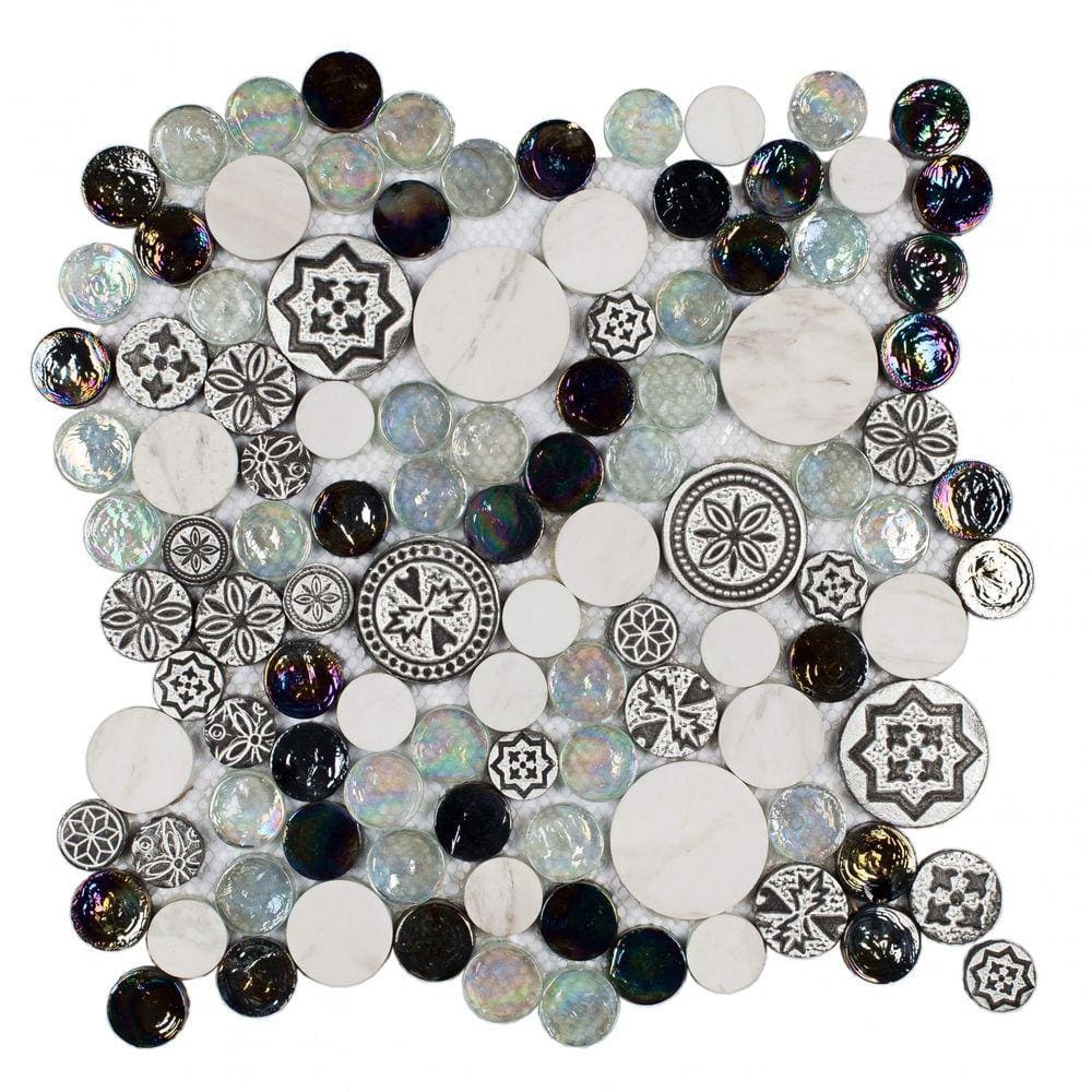 Pastilha Mesclada de Mármore e Vidro 29,5cm x 29,5cm Dalí Glass Mosaic Placas Branco/Preto