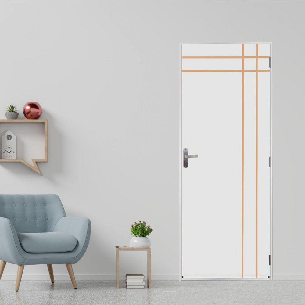 Kit Porta de Madeira Decorada 215x75cm com Batente de Aço 06cm Mantiqueira MGM Branco