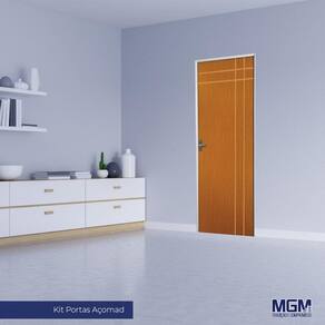 Kit Porta de Madeira Decorada 215x75cm com Batente de Aço 6cm Mantiqueira MGM Mogno