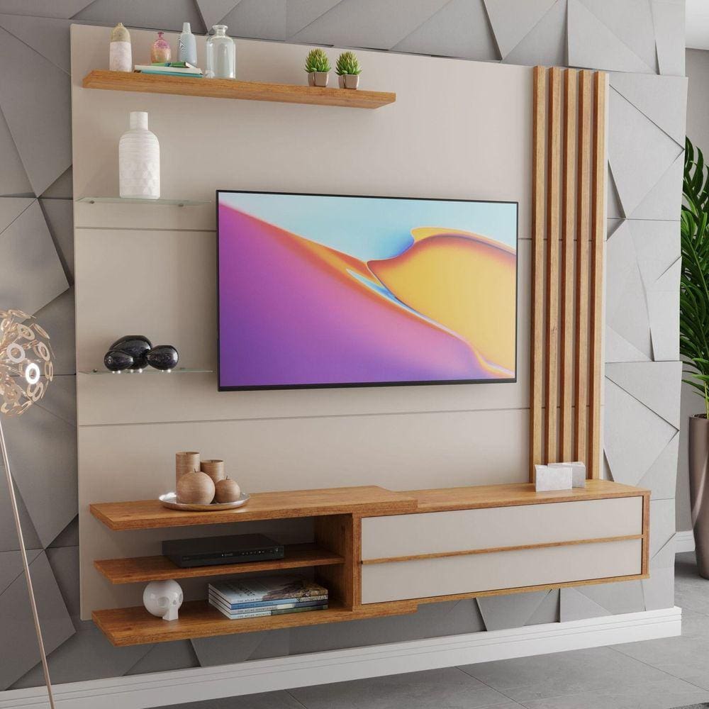 Painel para TV até 60 Polegadas Ripado 1 Porta Zinder Viero Off White/Mel