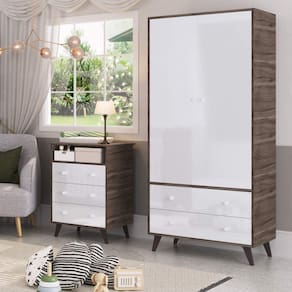 Guarda-Roupa de Bebê 2 Portas 2 Gavetas Retrô Móveis Percasa Carvalho/Branco