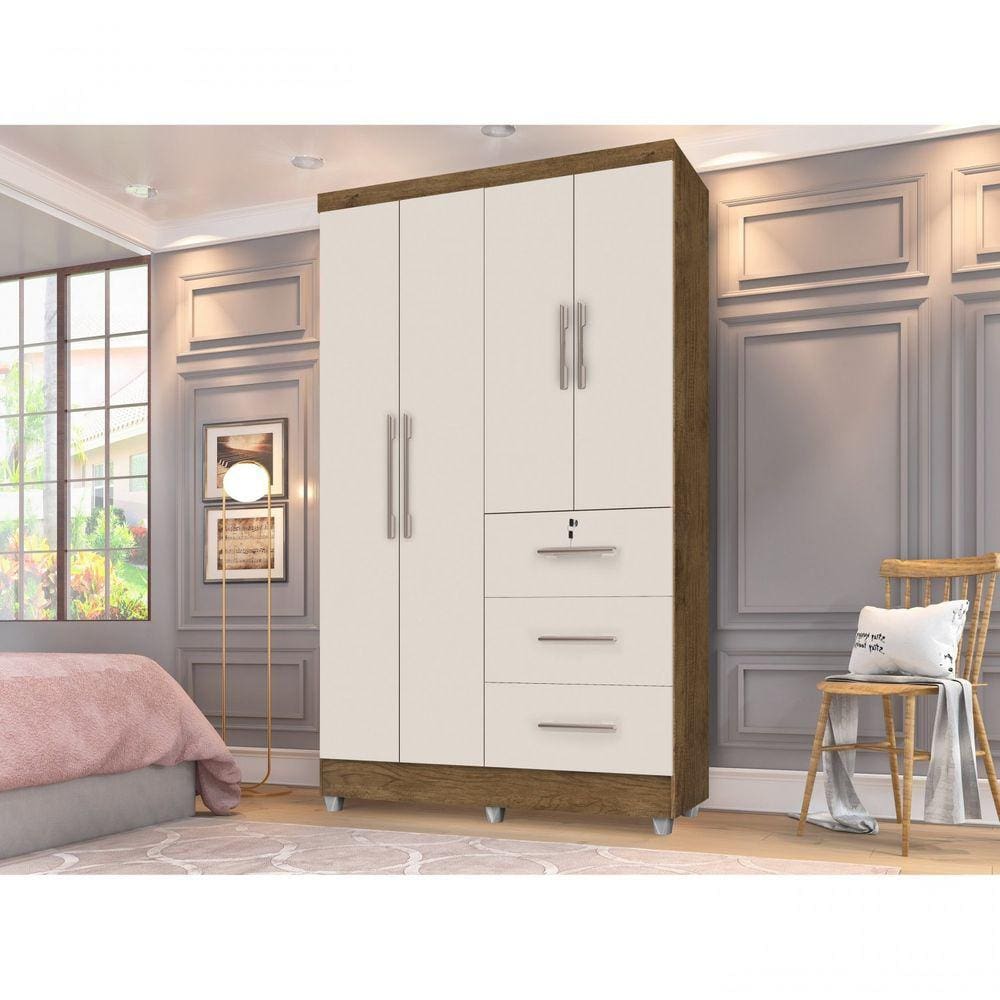 Guarda Roupa Solteiro 4 Portas 3 Gavetas Tokio J&A Móveis Jequitiba/Off-White