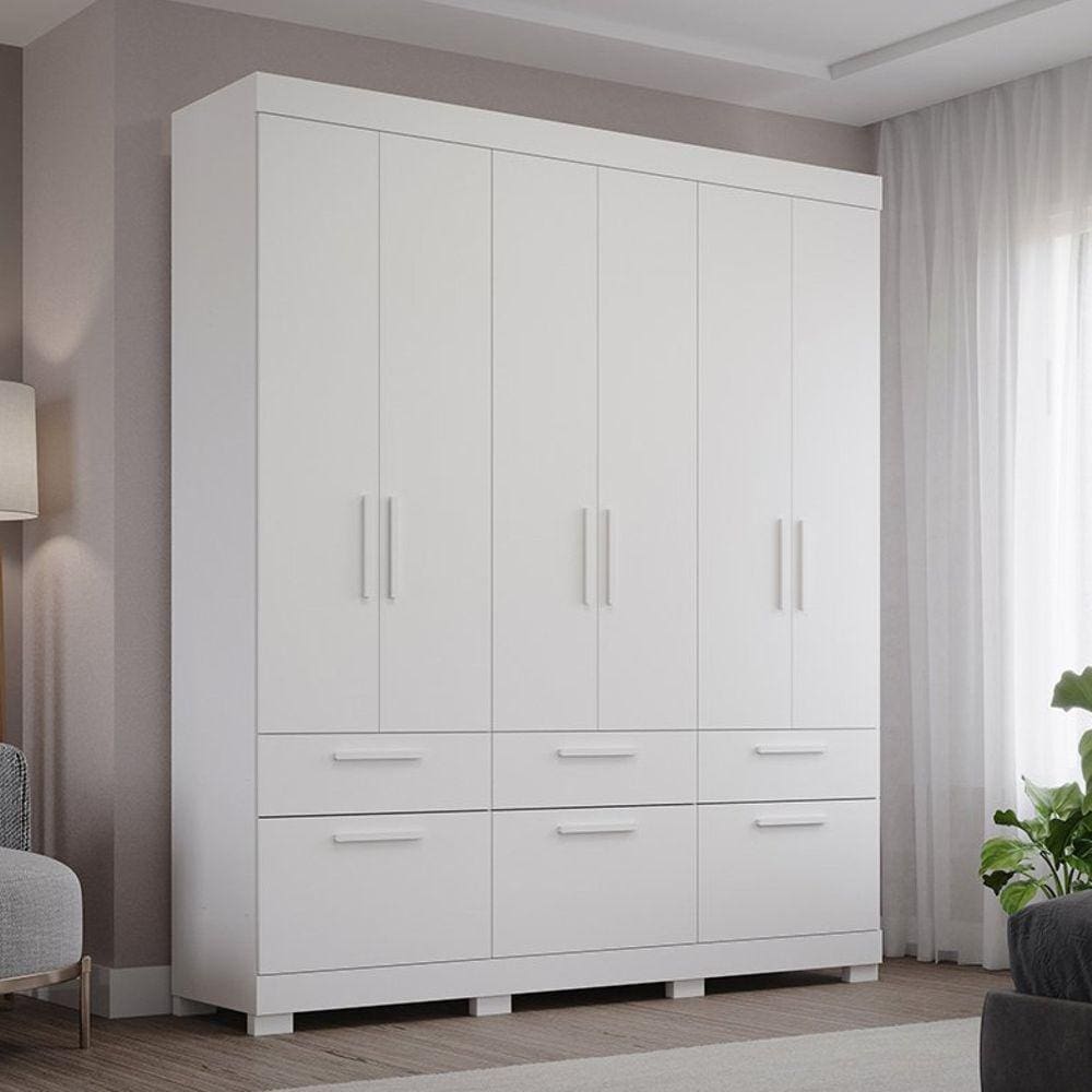 Guarda Roupa Casal 6 Portas de Bater 1 Basculante 5 Gavetas MDF Coimbra Espresso Móveis Branco