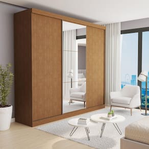 Guarda-roupa Casal 3 Portas de Correr 4 Gavetas e 3 Espelhos Barcelona Carvalho