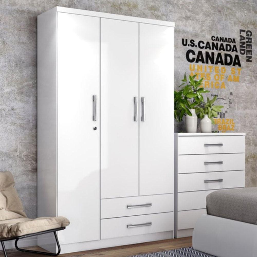 Guarda Roupa Solteiro 3 Portas 2 Gavetas Miami Henn Branco/Branco/Rosa Chá