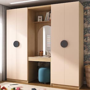 Conjunto Modulado Infantil 3 Peças 4 Portas, Módulos Nichos 2 Gavetas Cabideiro e Penteadeira com Es Salmão/Avena