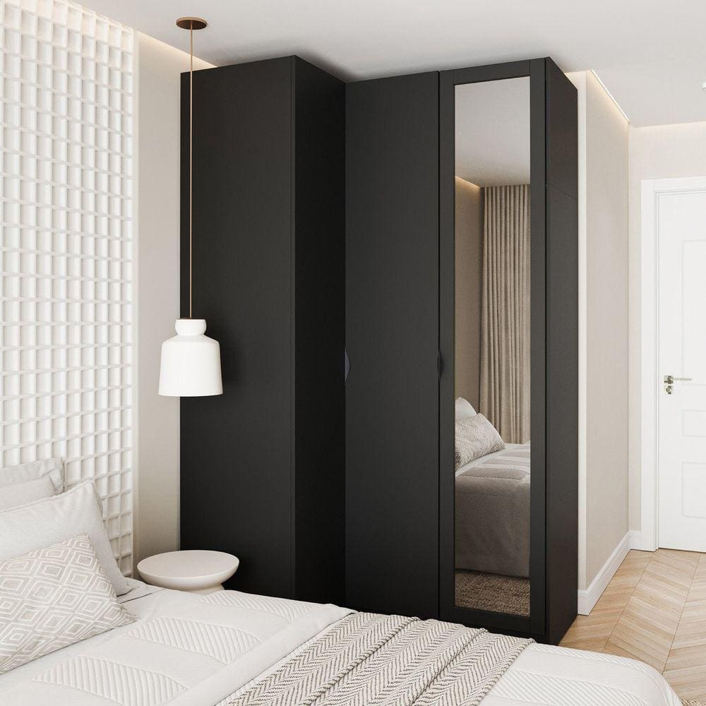 Guarda Roupa Modulado de Canto 2 Peças 3 Portas com 1 Porta Reflecta Hera Cabecasa Madeiramadeira Preto