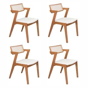 Conjunto com 4 Cadeiras Madeira Maciça com Rattan Natural e Estofada 81,5x53x57cm Verona Champagne
