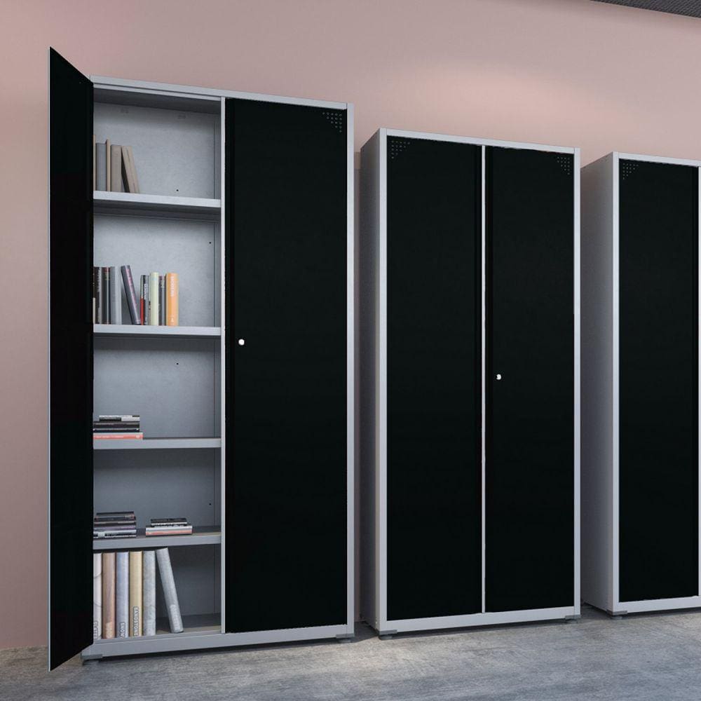 Armário 2 Portas Aço 4 Prateleiras AP409SL Pandin Móveis Cinza/Preto