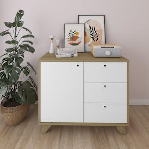 Balcão Retrô para Escritório1 Porta 3 Gavetas Lugano Artany Olmo/Branco
