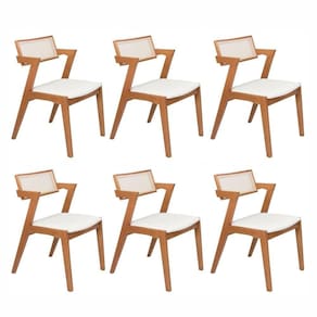 Conjunto com 6 Cadeiras Madeira Maciça com Rattan Natural e Estofada 81,5x53x57cm Verona Champagne
