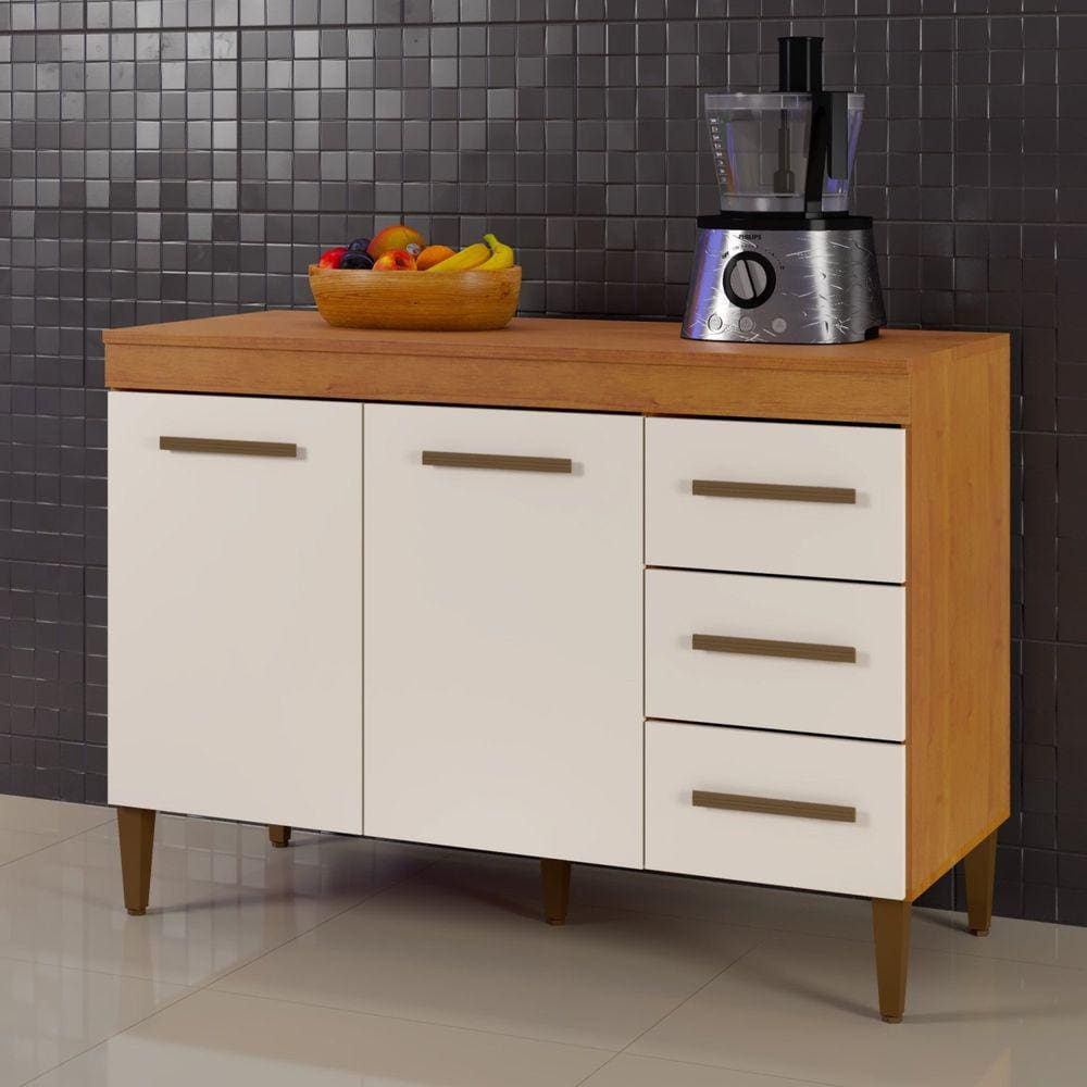 Balcão de Cozinha com Tampo 2 Portas 3 Gavetas Virtus Kaiki Móveis Marrom/Off White