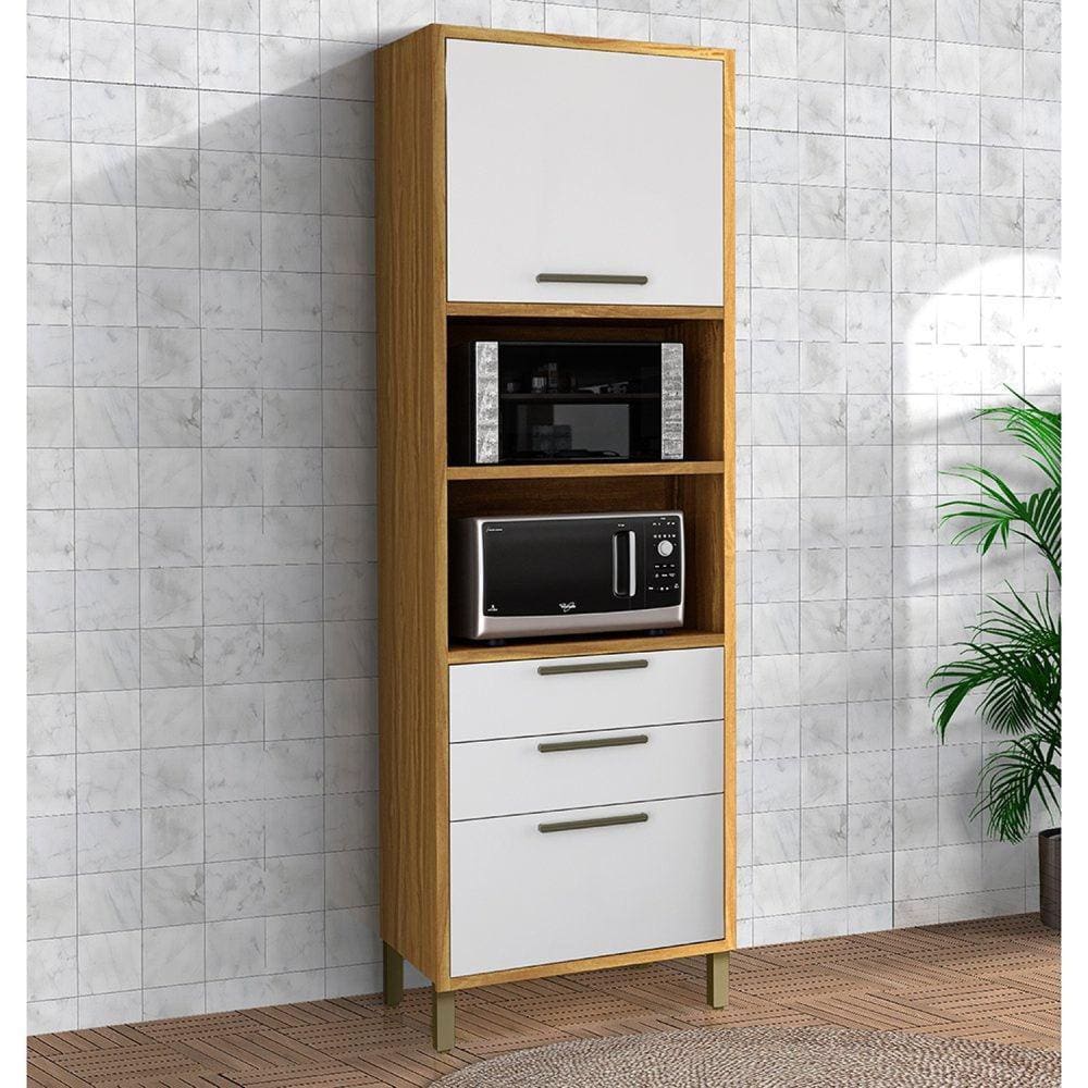Paneleiro Torre Quente com 2 Portas 2 Gavetas e Espaço para Micro-ondas 100% Mdf Vicenza Espresso Mó Amêndoa/Branco