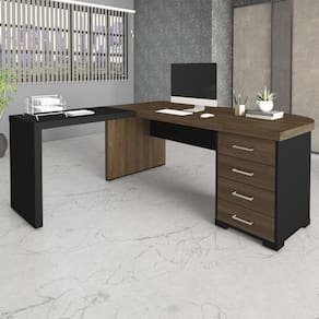 Mesa para Escritório em L Diretor Tamburato com 4 Gavetas Artany Charuto com Preto