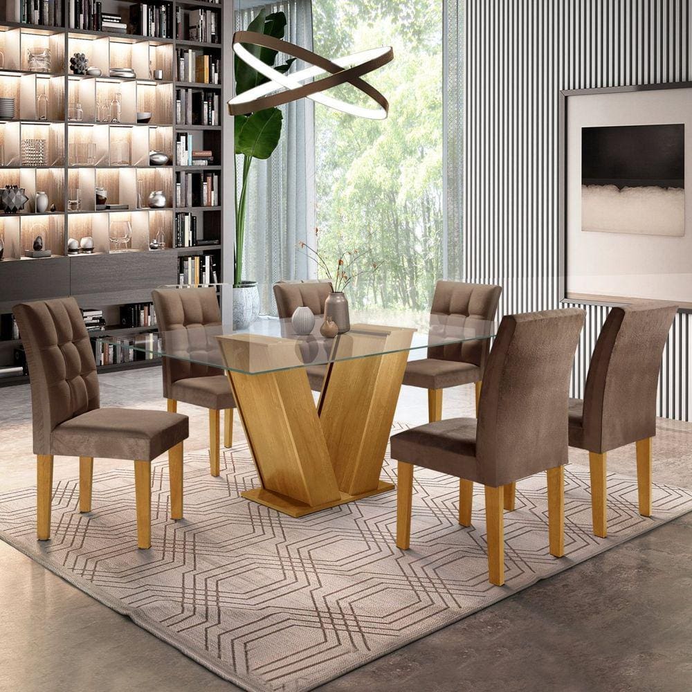 Conjunto Sala de Jantar Mesa Classic Tampo de Vidro 6 Cadeiras Vitória Cel Móveis Ypê/Animale Marrom 52