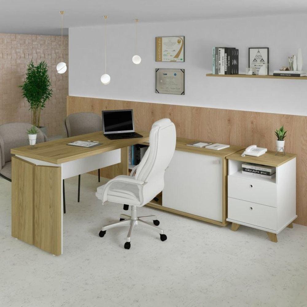Conjunto Home Office 2 Peças 1 Escrivaninha em L Smart com 1 Gaveteiro Day Artany Olmo/Branco