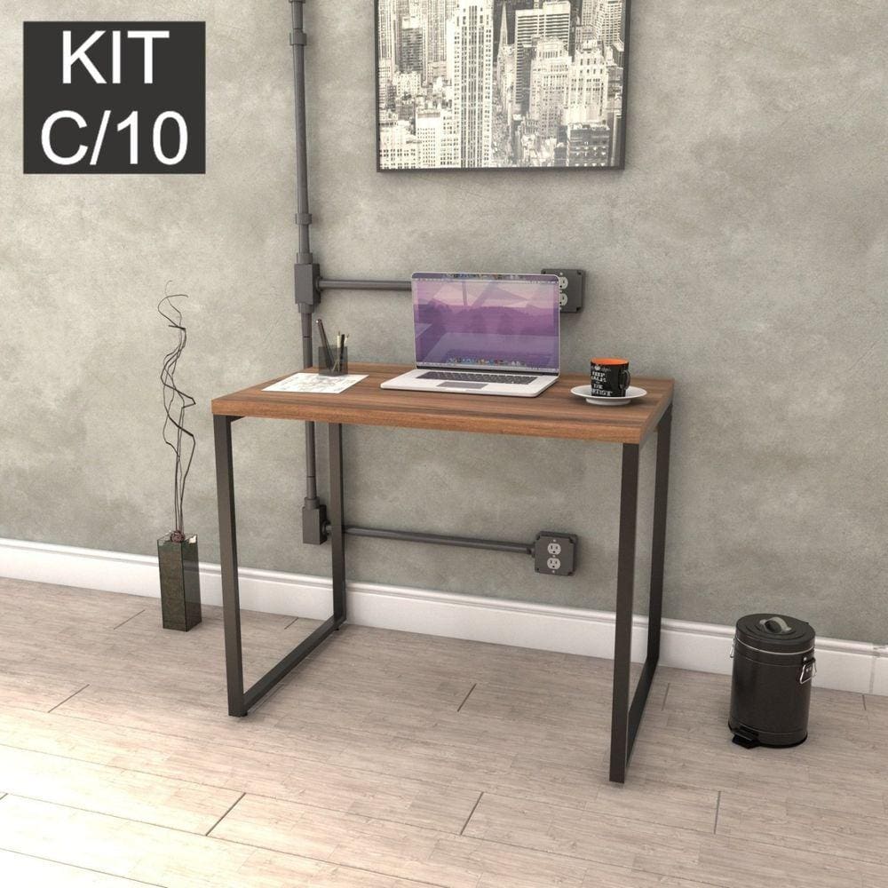 Kit com 10 Escrivaninhas Kuadra 90cm Estilo Industrial Compace Nogal