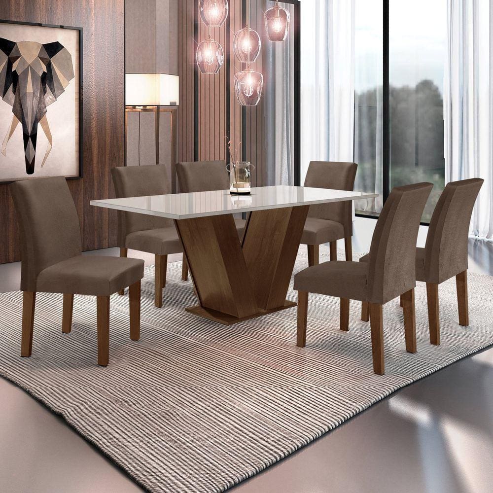 Conjunto Sala de Jantar 1 Mesa 160x80cm Tampo MDF/Vidro 6 Cadeiras Espanha Yescasa Chocolate/Off White/Marrom
