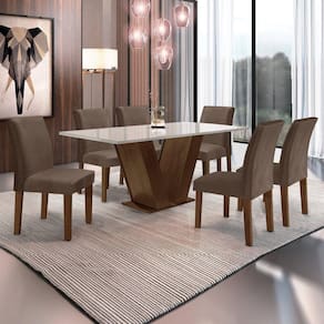 Conjunto Sala de Jantar 1 Mesa 160x80cm Tampo MDF/Vidro 6 Cadeiras Espanha Yescasa Chocolate/Off White/Marrom
