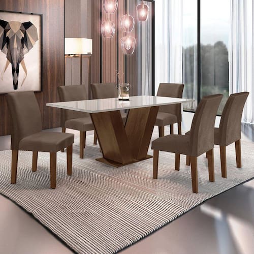 Conjunto Sala de Jantar 1 Mesa 160x80cm Tampo MDF/Vidro 6 Cadeiras Espanha Yescasa Chocolate/Off White/Marrom - Marrom