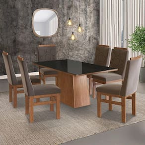 Conjunto Sala de Jantar Mesa 90x160cm Tampo Vidro com 6 Cadeiras Madeira Maciça Tecido Joli Zamarchi Canela/Preto