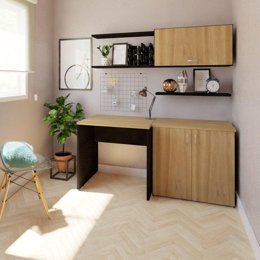 Mesa para Escritório 90cmx60cm 25mm Bramov Móveis Preto/Carvalho Mel