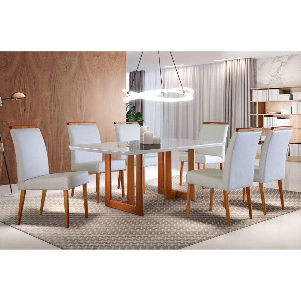 Conjunto Sala de Jantar Mesa 180x90cm Tampo Madeira/Vidro Vitoria com 6 Cadeiras Havana Mobilare Imbuia Marroml/Off White Laca
