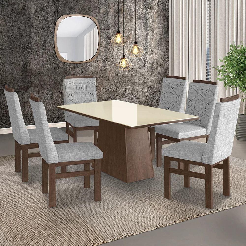 Conjunto Mesa 160x82cm e 6 Cadeiras Madeira Maciça Móveis Zamarchi Marrom/Linho Cinza