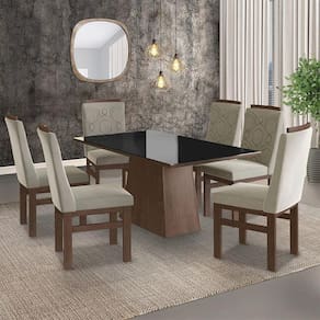 Conjunto Sala de Jantar Mesa 90x160cm Tampo Vidro com 6 Cadeiras Madeira Maciça Tecido Joli Zamarchi Marrom/Preto