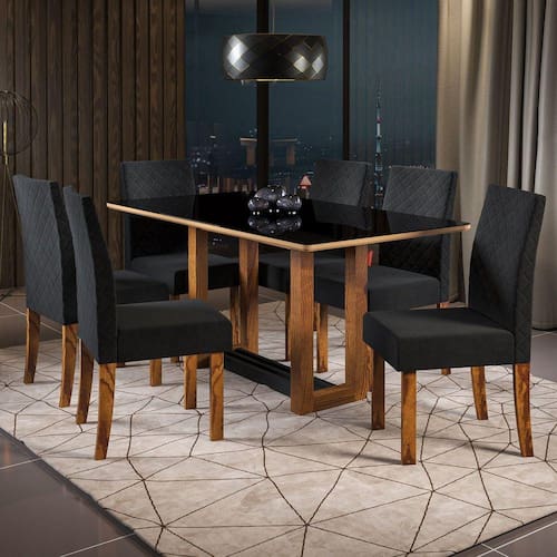 Conjunto Sala de Jantar Mesa Louise 160cm Tampo Vidro/MDF com 6 Cadeiras Dália Sonetto Móveis Nogal/Preto