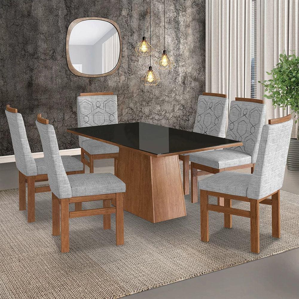 Conjunto Sala de Jantar Mesa 90x160cm Tampo Vidro com 6 Cadeiras Madeira Maciça Tecido Linho Zamarch Canela/Preto