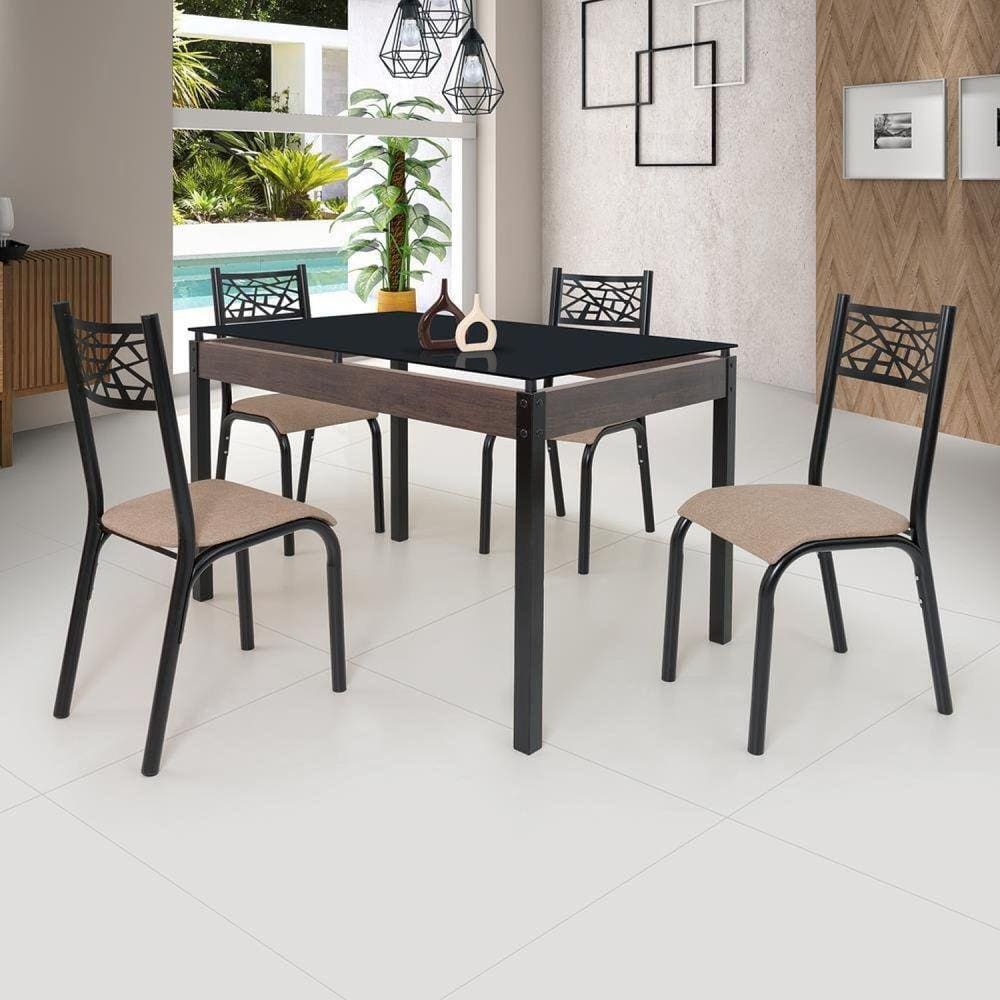 Conjunto Sala de Jantar Mesa Jade 120x75cm Tampo Vidro com 4 Cadeiras Ciplafe Preto/Linho Bege