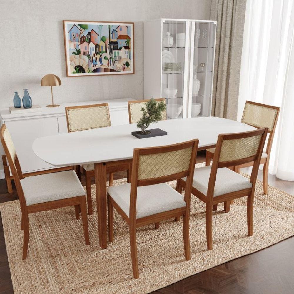 Conjunto Mesa de Jantar Tampo MDF 2,0m e 6 Cadeiras Tiê CabeCasa MadeiraMadeira Amendoa/Bege claro