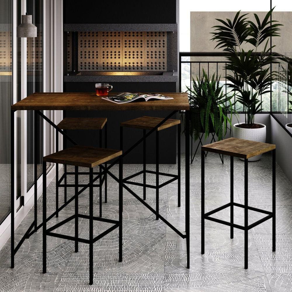 Conjunto Sala de Jantar Mesa 110x60cm Bancada com 4 Banquetas Steel Quadra Industrial Artesano Vermont/Preto