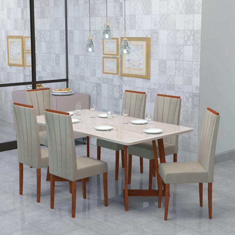Conjunto Sala de Jantar Mesa 160x90cm Tampo Vidro/MDF com 6 Cadeiras Safira Móveis Meneghetti Caramelo/Castor