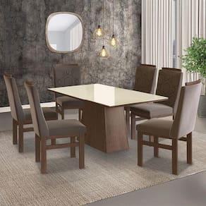 Conjunto Sala de Jantar Mesa 90x160cm Tampo Vidro com 6 Cadeiras Madeira Maciça Tecido Joli Zamarchi Marrom/Off White