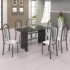 Conjunto de Mesa 140x75cm Tampo Ardósia com 6 Cadeiras Bianca Soma Móveis Martelado Prata/Ardósia Indiano/Arabesco