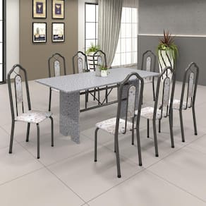 Conjunto de Mesa 180x75cm Tampo Granito com 8 Cadeiras Bianca Soma Móveis Martelado Prata/Ocre/Botanic Bege