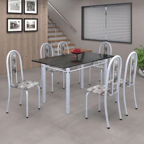Conjunto de Mesa 140x75cm Tampo de Ardósia com 6 Cadeiras Iris A Soma Móveis Paraopeba/Martelado Pérola/Ardósia