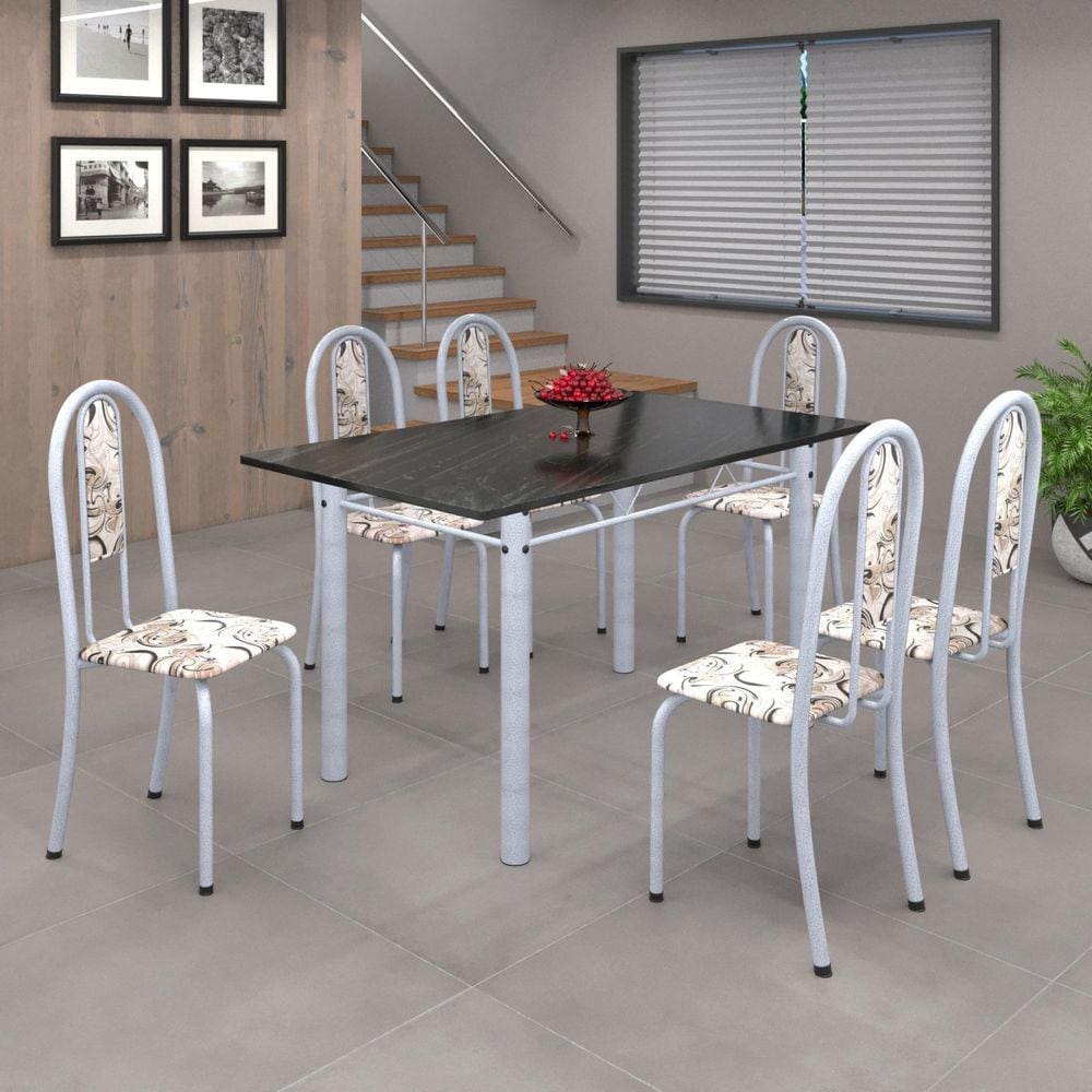 Conjunto de Mesa 140x75cm Tampo de Ardósia com 6 Cadeiras Iris A Soma Móveis Arabesco/Martelado Pérola/Ardósia