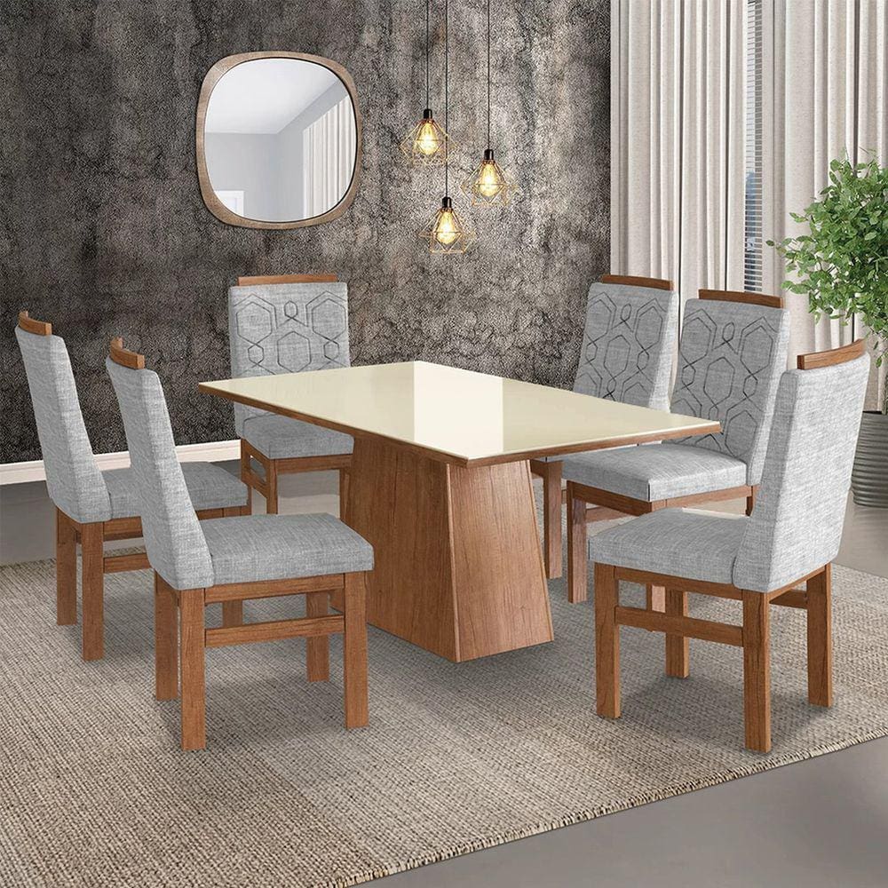 Conjunto Mesa 160x82cm e 6 Cadeiras Madeira Maciça Móveis Zamarchi Canela/Linho Cinza