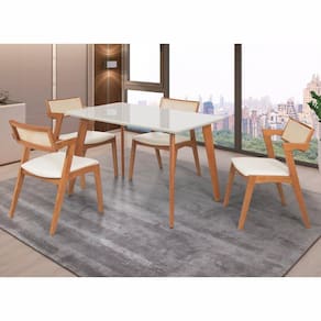 Conjunto Mesa Verona 1200x800cm com 4 Cadeiras Madeira Maciça com Rattan Natural e Estofada Verona Champagne / Off White