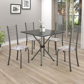Conjunto de Mesa Tubular 70x70cm Tampo em Ardósia com 4 Cadeiras Dany Soma Móveis Botanic Bege/Martelado Prata/Ardosia Indiano