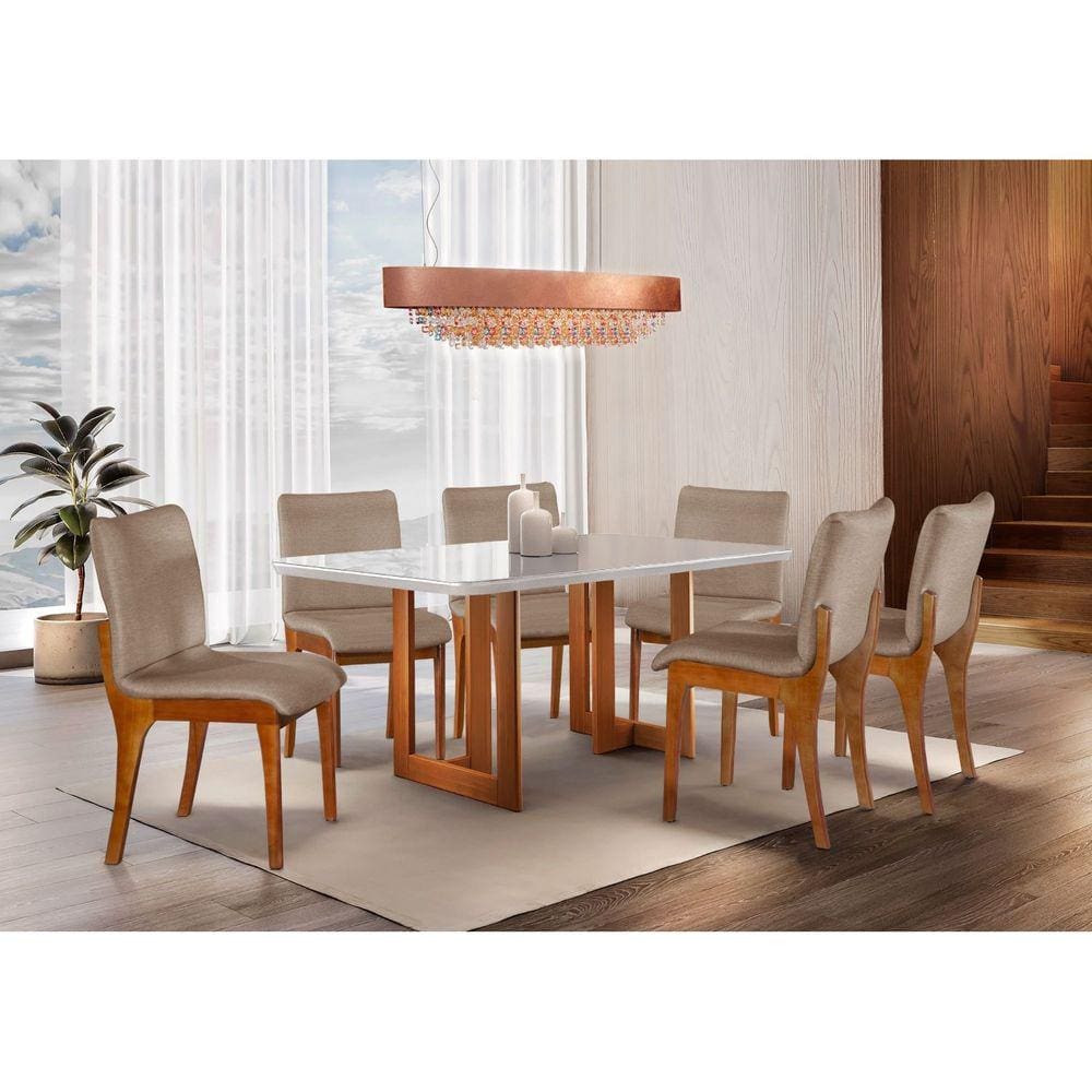 Conjunto Sala de Jantar Mesa 180x90cm Tampo Madeira/Vidro Vitoria com 6 Cadeiras Hades Mobilare Imbuia Marroml/Off White Laca
