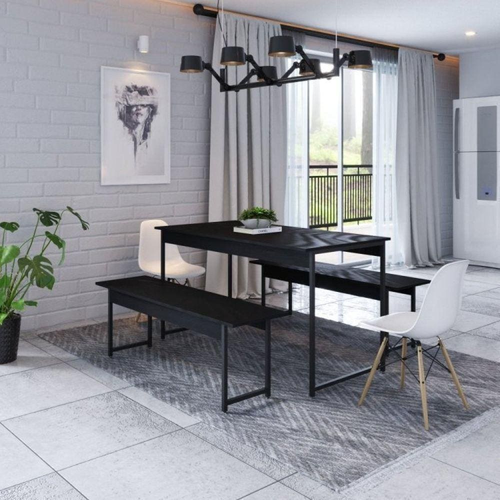 Conjunto Mesa de Jantar com 2 Banco e 2 Cadeiras Eames Base Madeira Espresso Móveis Preto/Branco